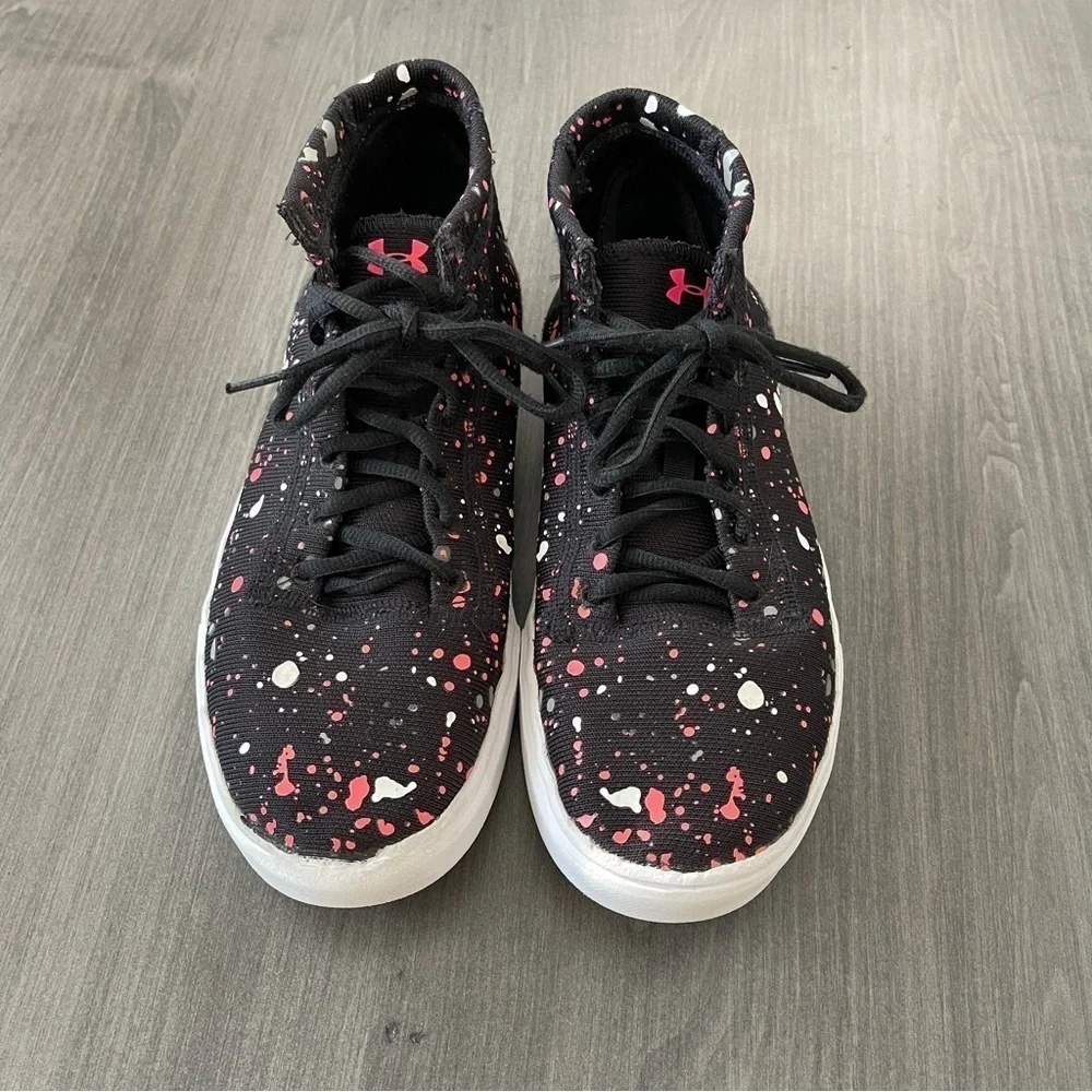 Under Armour girls high top sneakers shoes black pink white size 7Y